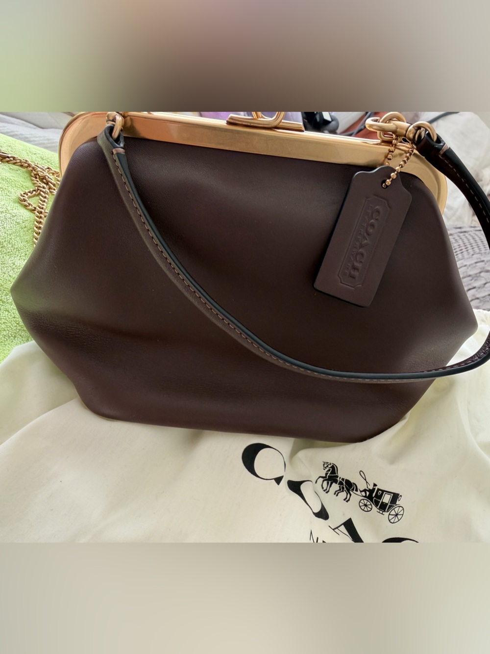 Coach Dark Brown Leather Frame-Top Shoulder Bag with Gold Hardware